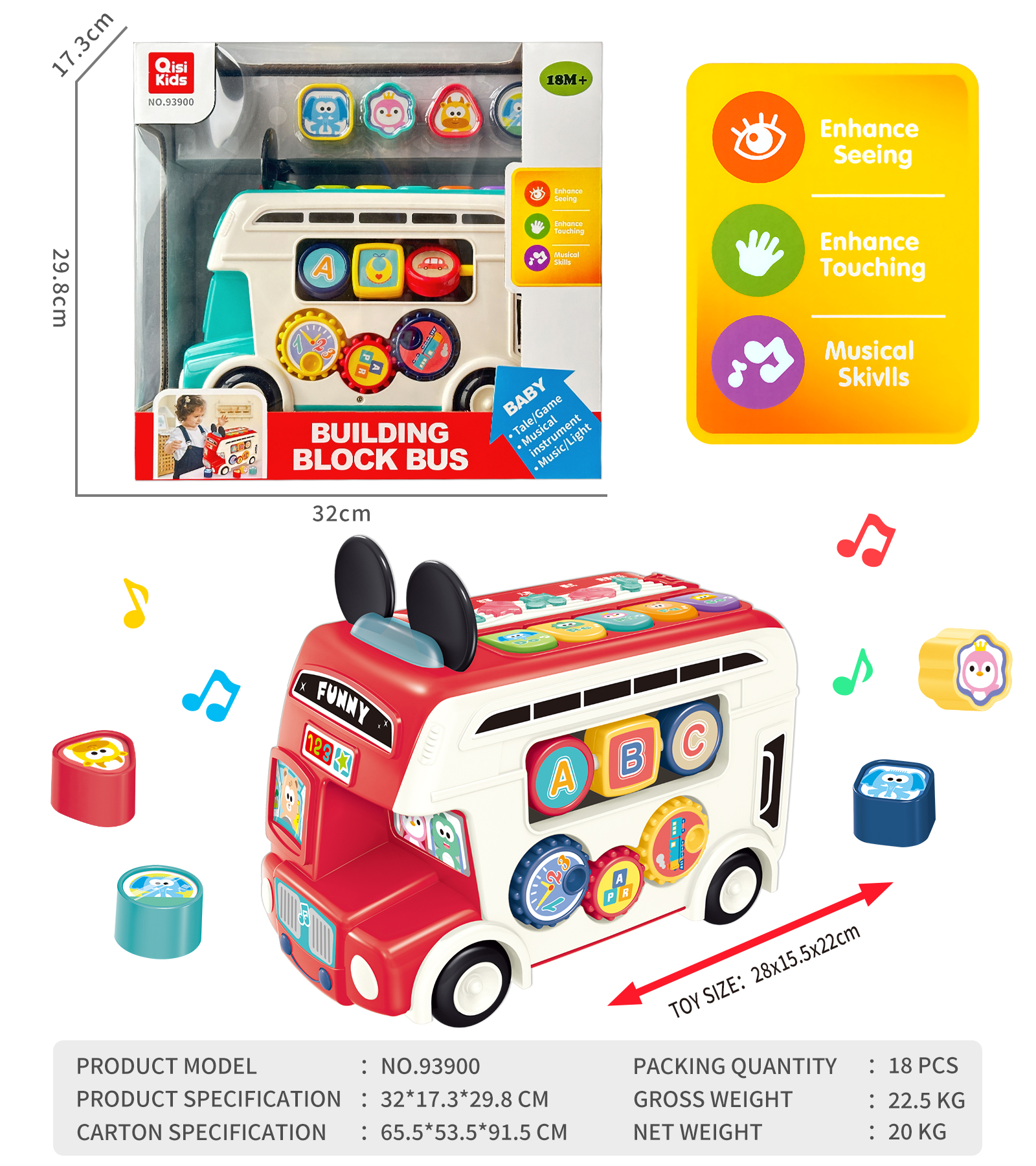 FUN SOUND AND LIGHT BUILDING BLOCK BUS BABY TOY CAR-93900 FUN SOUND AND LIGHT BUILDING BLOCK BUS BABY TOY CAR-93900
