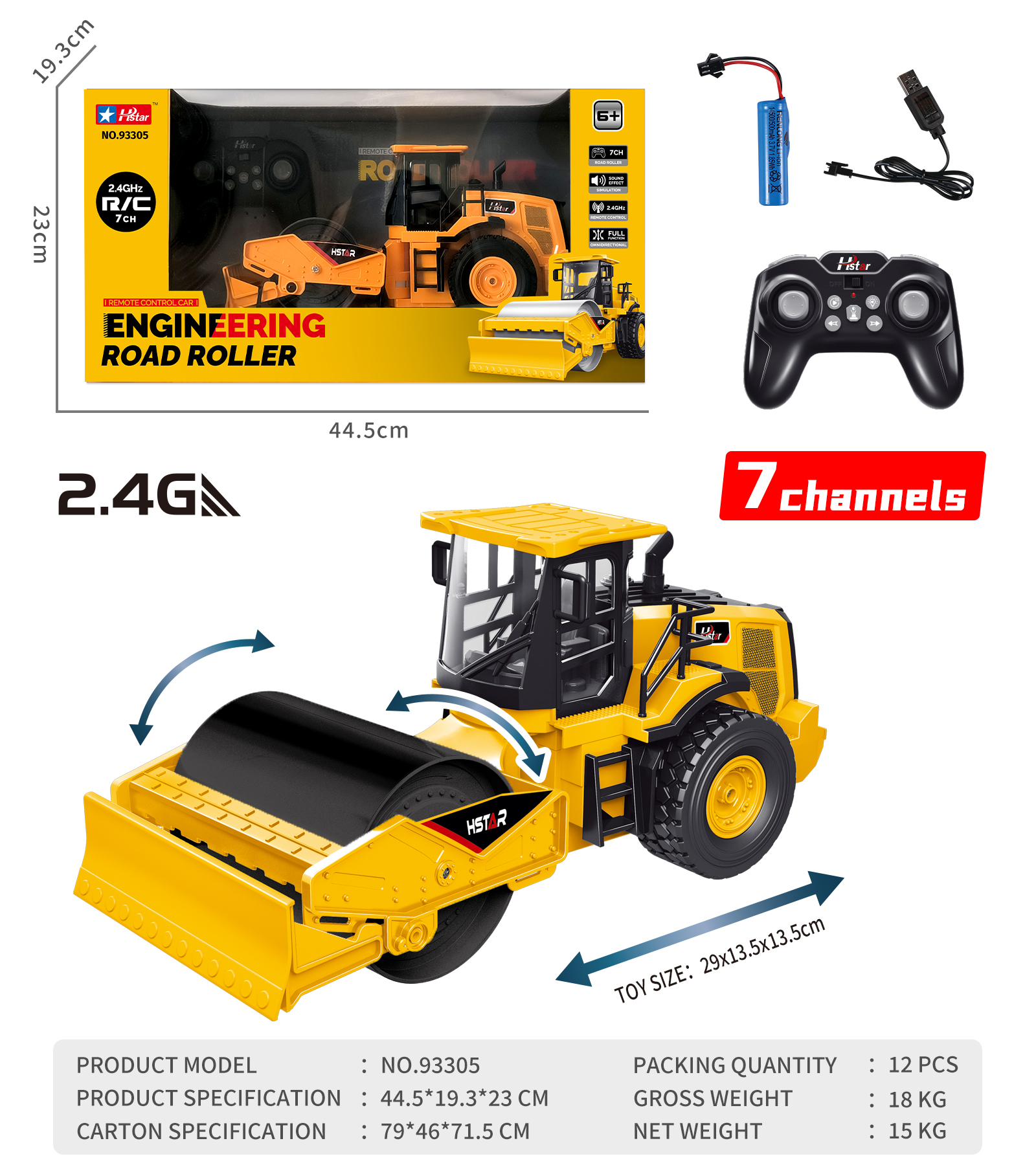 1/12 REMOTE CONTROL ROAD ROLLER 7 CHANNEL-93305 1/12 REMOTE CONTROL ROAD ROLLER 7 CHANNEL-93305