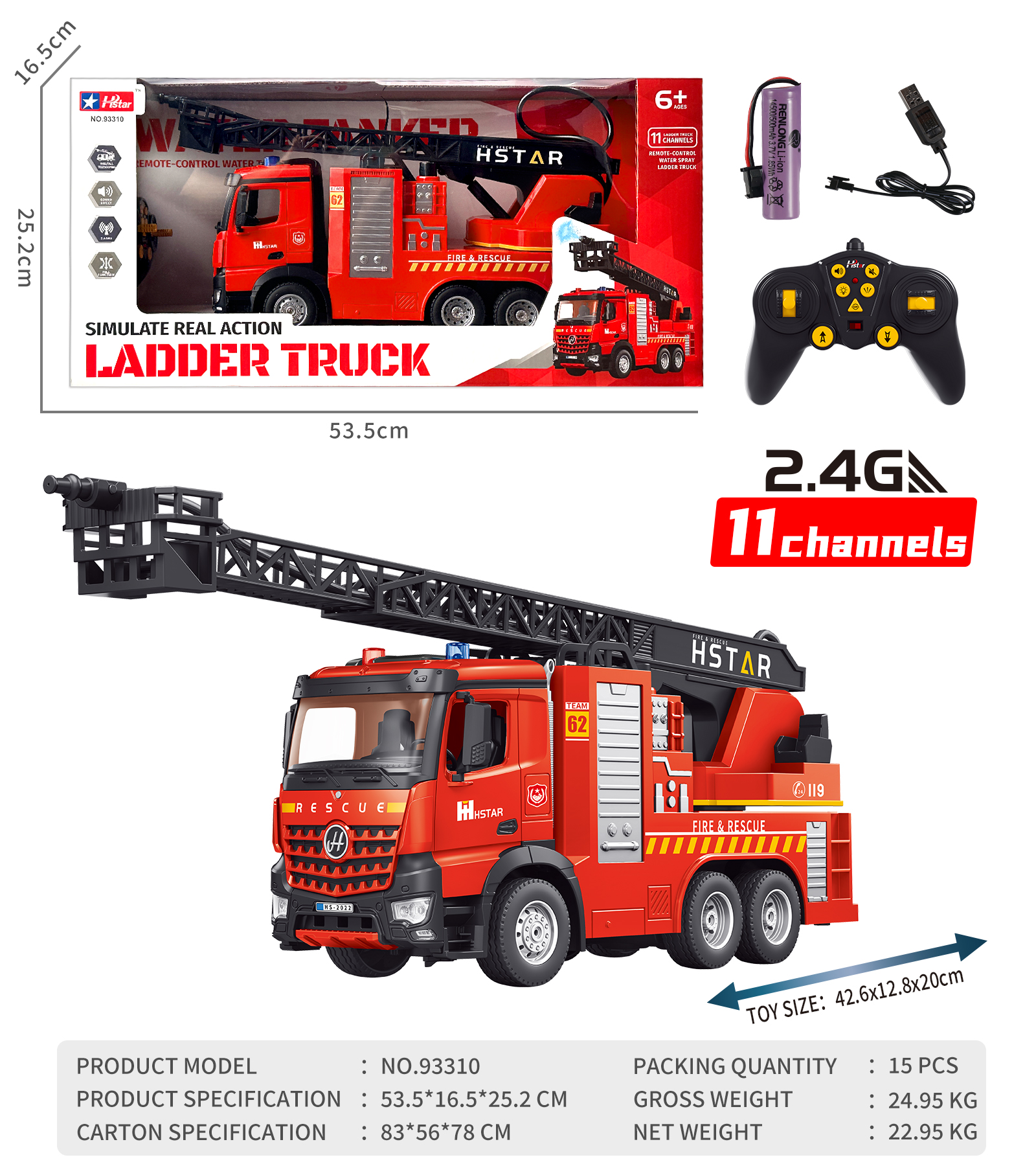 1/16 REMOTE CONTROL FIRE LADDER TRUCK 11 CHANNEL-93310 1/16 REMOTE CONTROL FIRE LADDER TRUCK 11 CHANNEL-93310