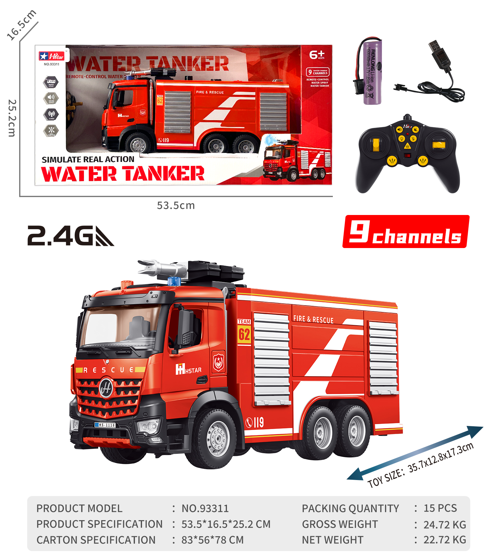 1/16 REMOTE CONTROL WATER TANKER 9 CHANNEL-93311 1/16 REMOTE CONTROL WATER TANKER 9 CHANNEL-93311