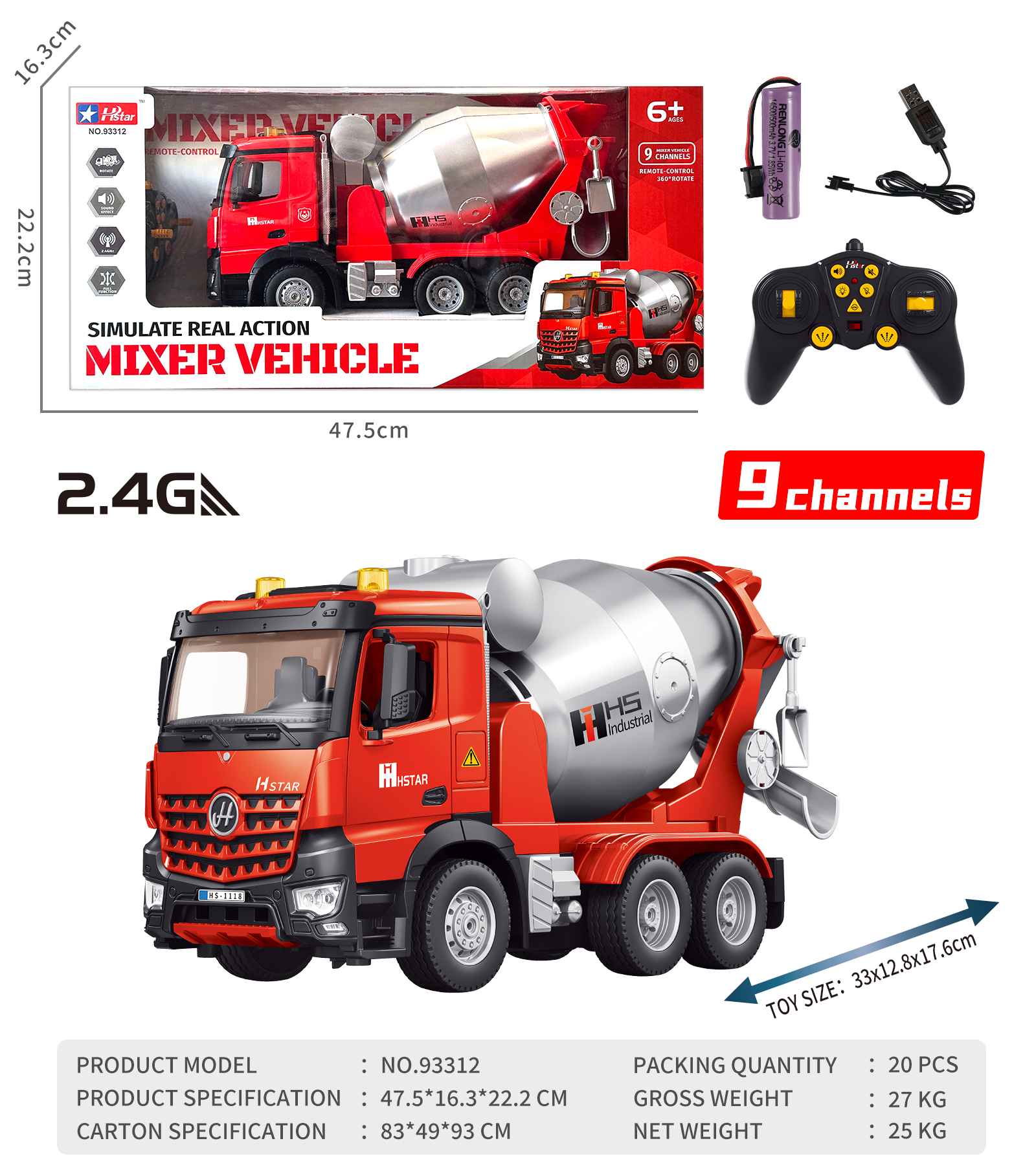 1/16 REMOTE CONTROL MIXER TRUCK 9 CHANNEL-93312 1/16 REMOTE CONTROL MIXER TRUCK 9 CHANNEL-93312