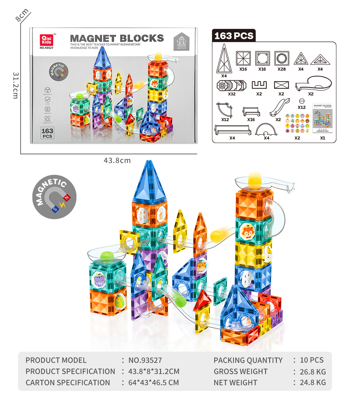 COLORED TRANSPARENT MAGNETIC BUILDING BLOCKS TOY(163 PCS)-93527 COLORED TRANSPARENT MAGNETIC BUILDING BLOCKS TOY(163 PCS)-93527