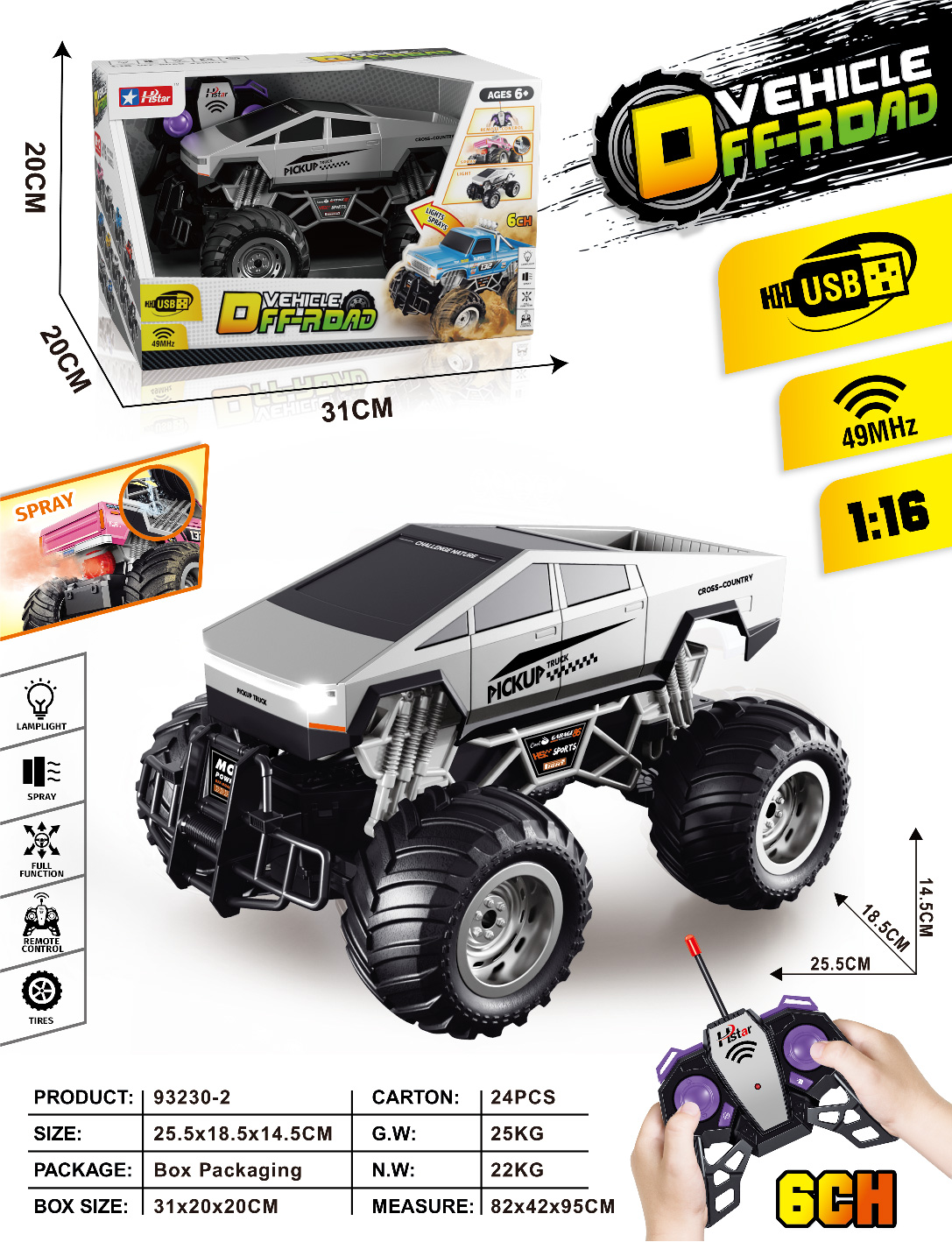 1/16 REMOTE CONTROL SPRAY OFF-ROAD VEHICLE 6 CHANNEL-93230 1/16 REMOTE CONTROL SPRAY OFF-ROAD VEHICLE 6 CHANNEL-93230