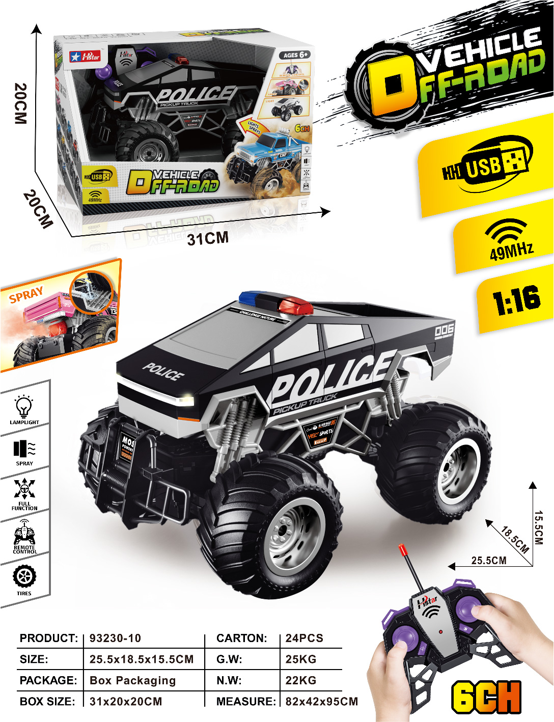 1/16 REMOTE CONTROL SPRAY OFF-ROAD VEHICLE 6 CHANNEL-93230 1/16 REMOTE CONTROL SPRAY OFF-ROAD VEHICLE 6 CHANNEL-93230