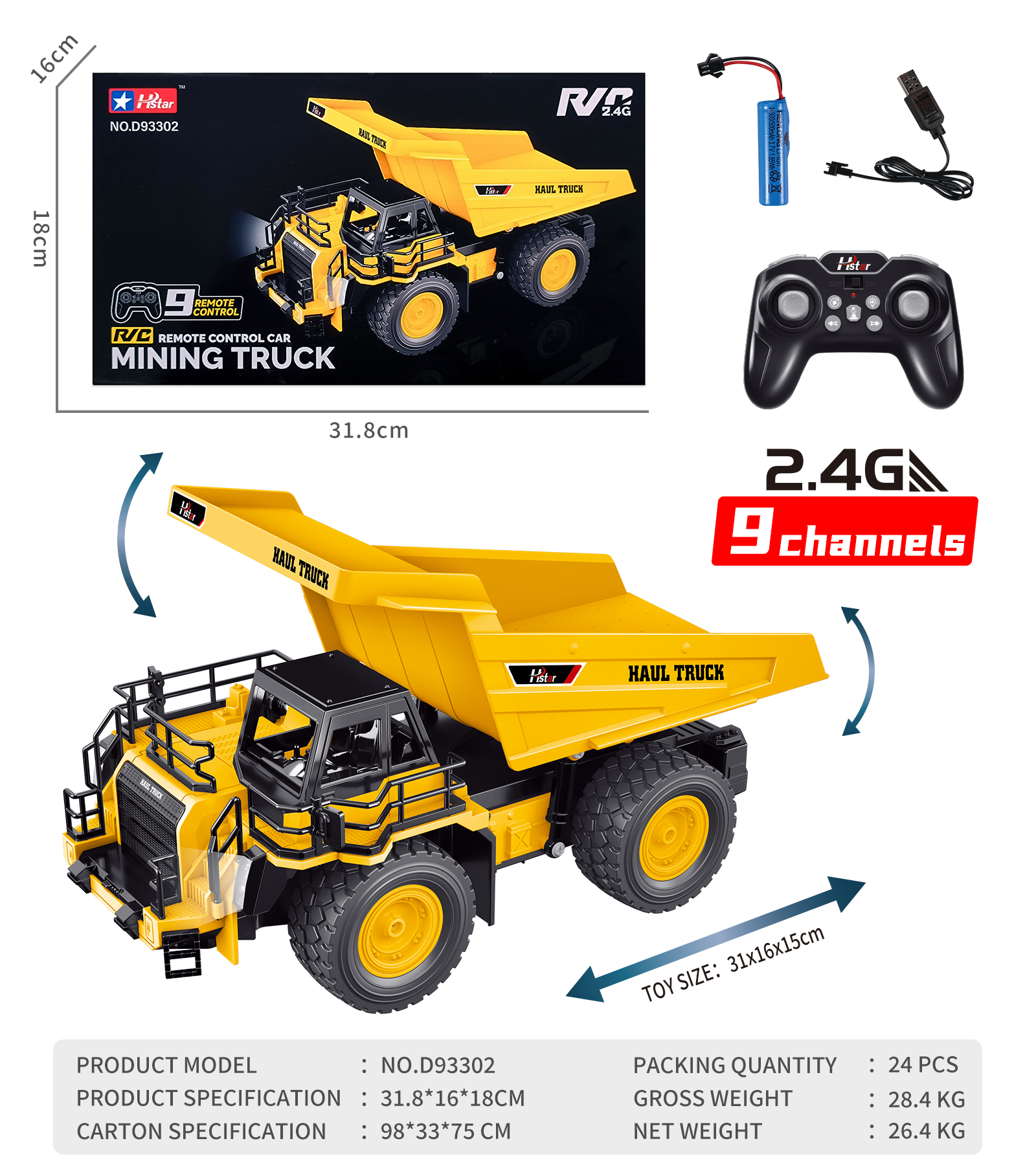 1/12 REMOTE CONTROL MINING TRUCK 9 CHANNEL(Sealed color box)-D93302 1/12 REMOTE CONTROL MINING TRUCK 9 CHANNEL(Sealed color box)-D93302